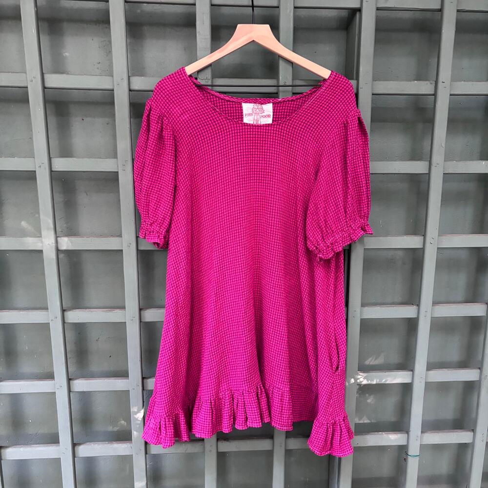 Fuchsia Gingham Oversized Babydoll Dress Puff Sleeve Ruffle Mini Cottage Indie M - Picture 2 of 6
